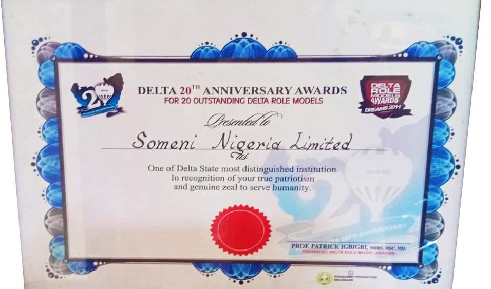 Delta 20th Anniversary Awards certificate