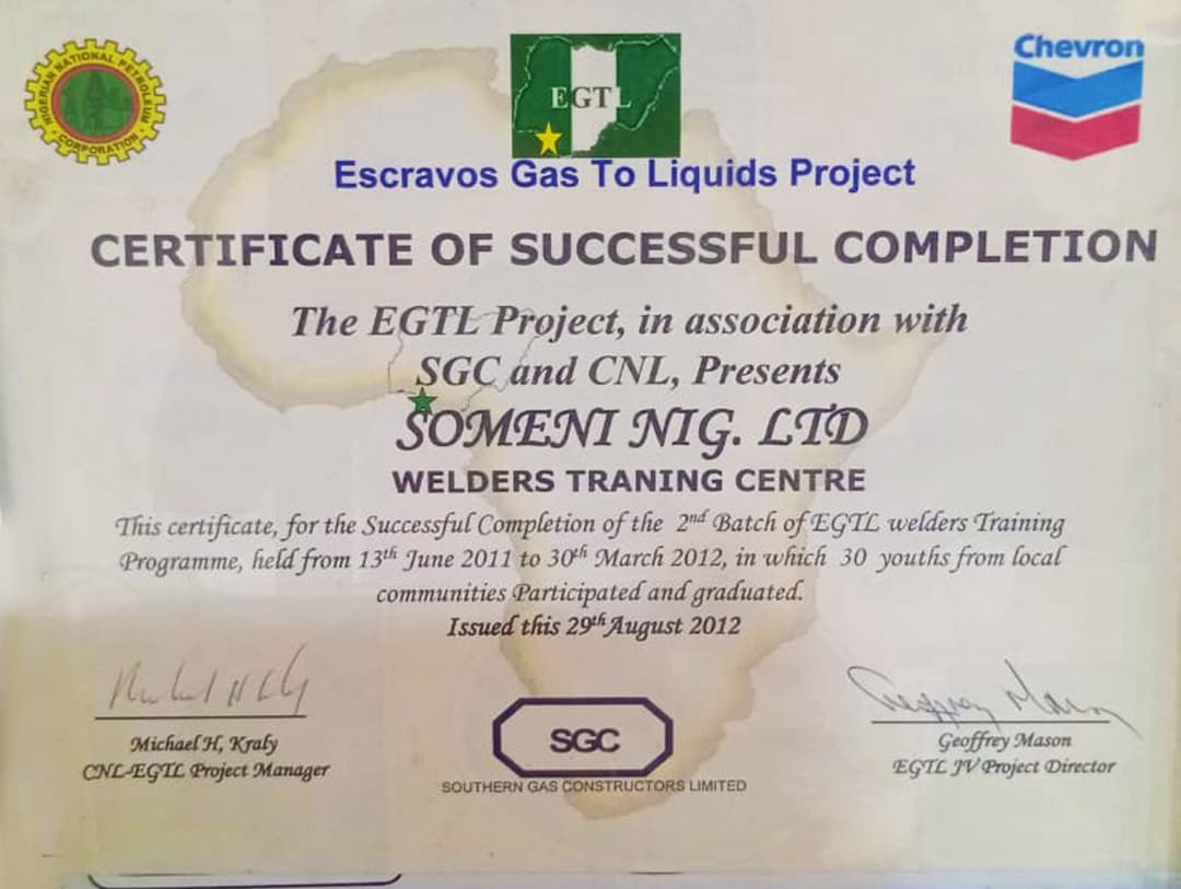 EGTL Welders Training Programme (2nd Batch) certificate